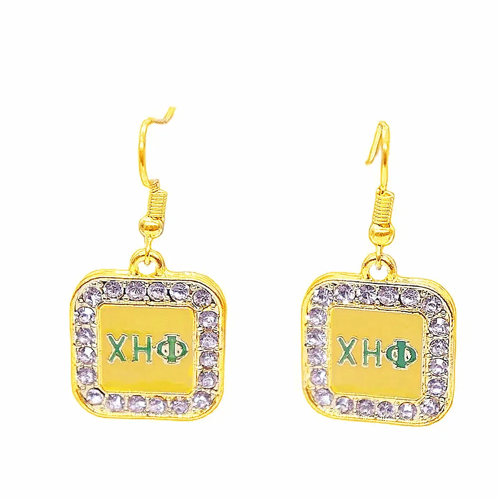 Square Engraved Green Yellow XHO Group Society Letter Chi Eta Phi Earrings