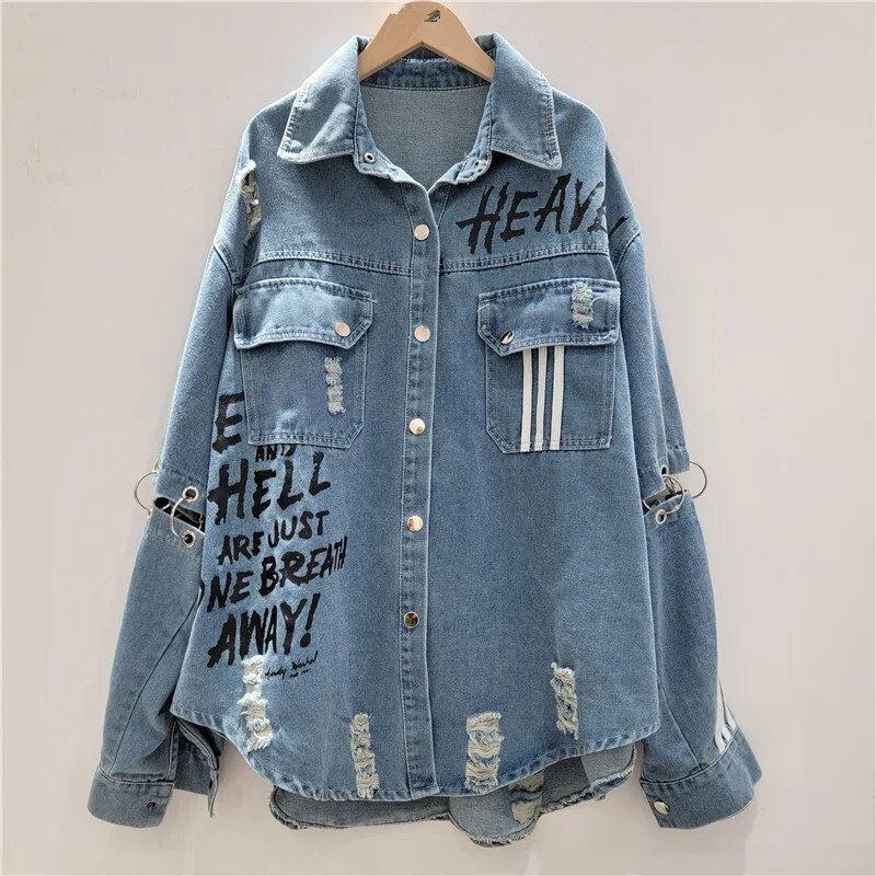 

2025 spring new letter printing long sleeves loose jacket broken hanging ring hole unique design trend denim shirt