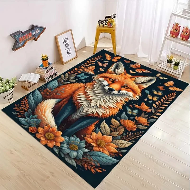 

Fox Flowers Carpet Cartoon Animal Floral Area Rug Living Room Floor Mat Home Bedroom Bedside Floor Mat Bathroom Kitchen Doormat