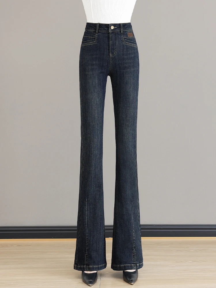 

Женские джинсы-клеш с вышивкой в стиле ретро, весна-осень, с высокой талией, драпированные, расклешенные, стройнящие, для повседневной носки