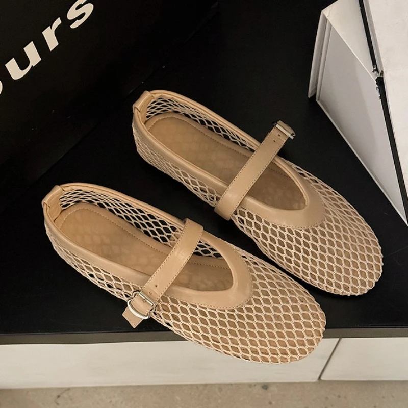 Breathable Mesh Black Ballet Shoes Female Spring Summer Fashion Flats Soft Sole Round Toe Girls Daily Walking Street Sandals