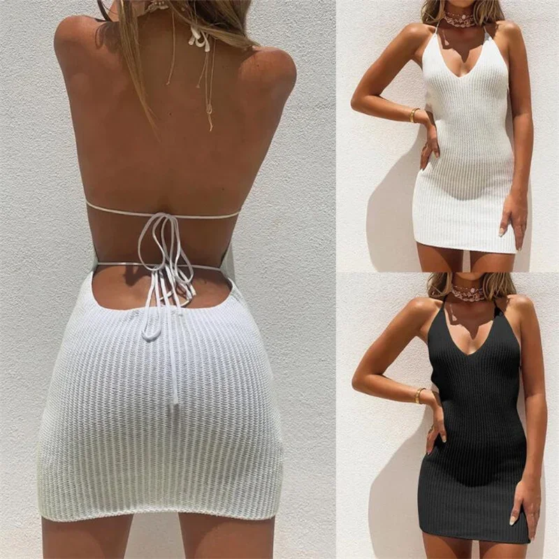 2024 New Summer Sleeveless Halter Dress Women Sexy V-neck Backless Knitted Mini Dress Black White Bodycon Party Dresses Vestido