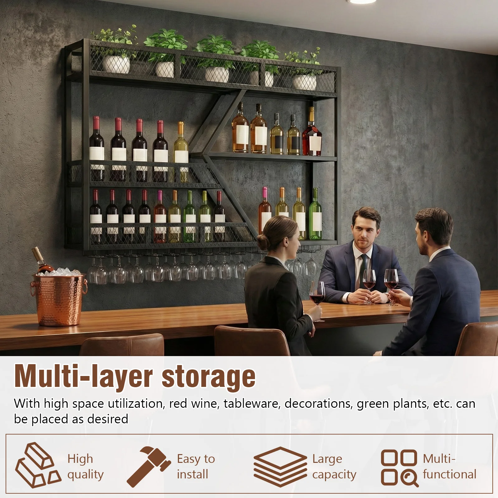 

39in 3-Tiers Floating Bar Shelves with Glass Holder Floating Wine Rack for Kitchen Home Bar Dining Room Living Room