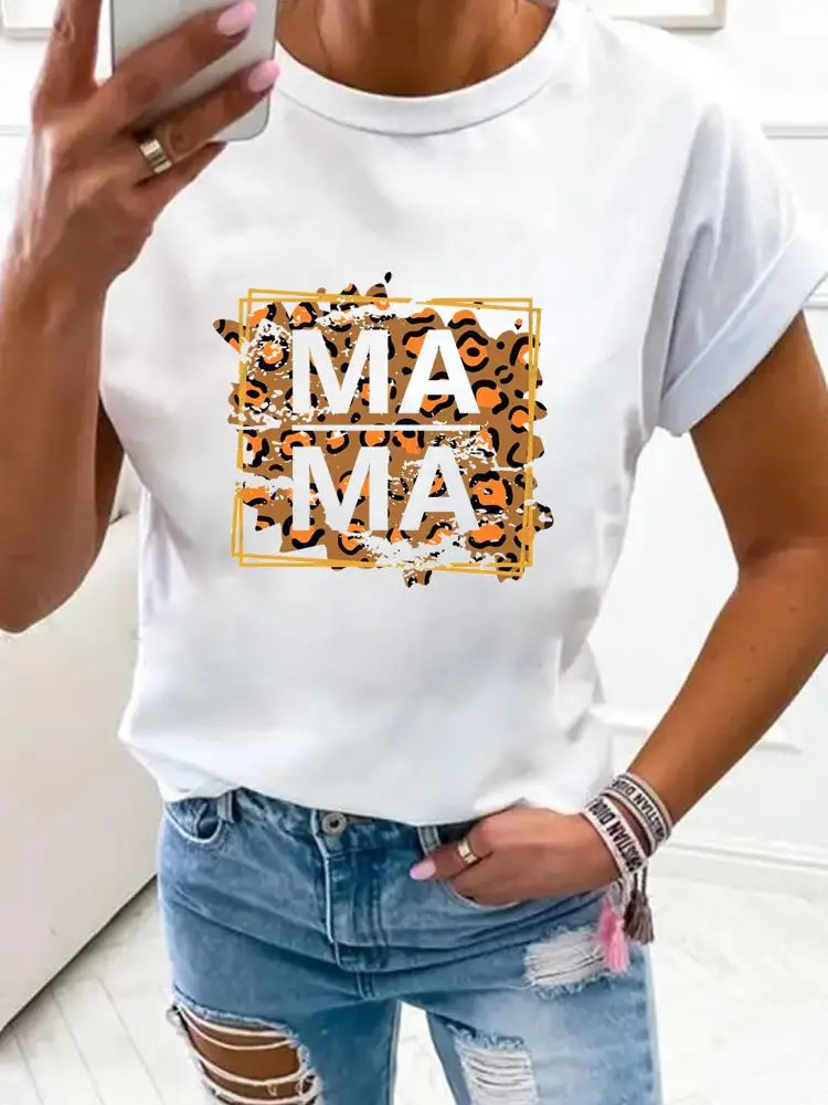 

Women Fashion Clothes Print T Shirt Clothing Leopard Letter Mom Mama 90s Summer Basic Top Short Sleeve Tee Graphic T-shirts