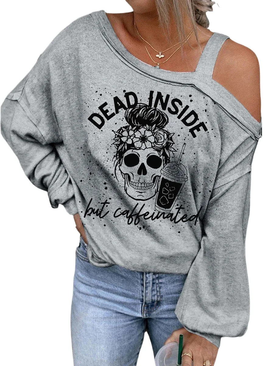 Women Funny Skull Print Loose Drop Shoulder Long Sleeve Tops Plus Size Asymmetrical Off Shoulder Pullover Fashion Chic Outfits