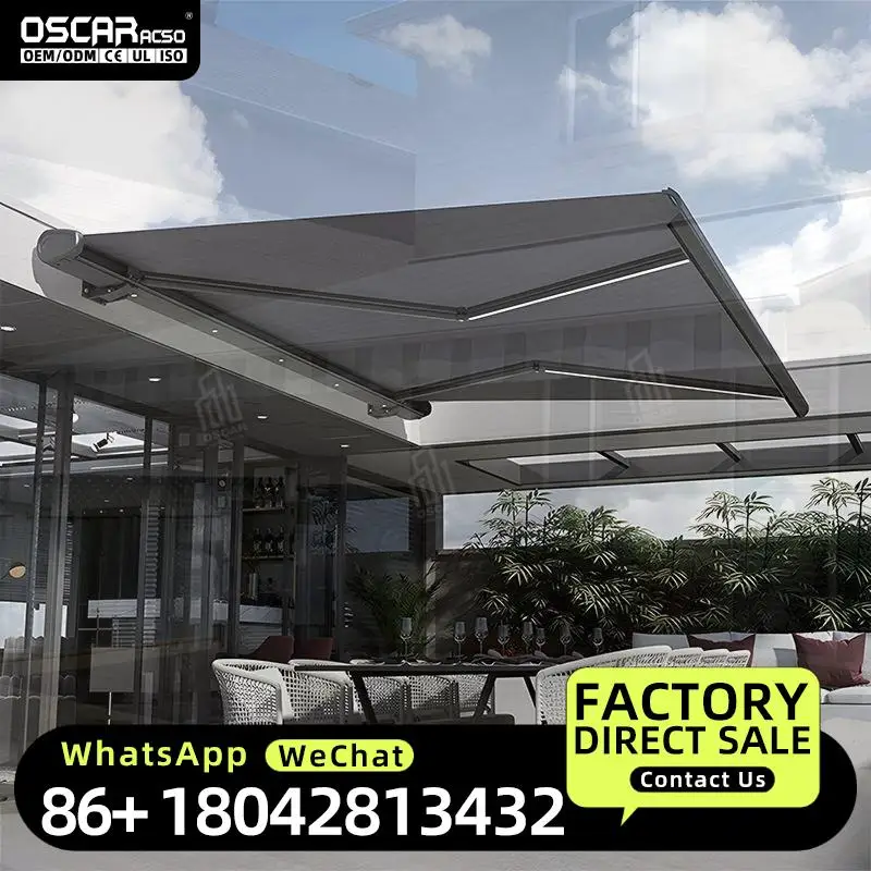 Commercial Wholesale LED Light Motorized PVC Retractable Folding Arm Awning White Frame For Patio Remote Control in Outdoor Spac
