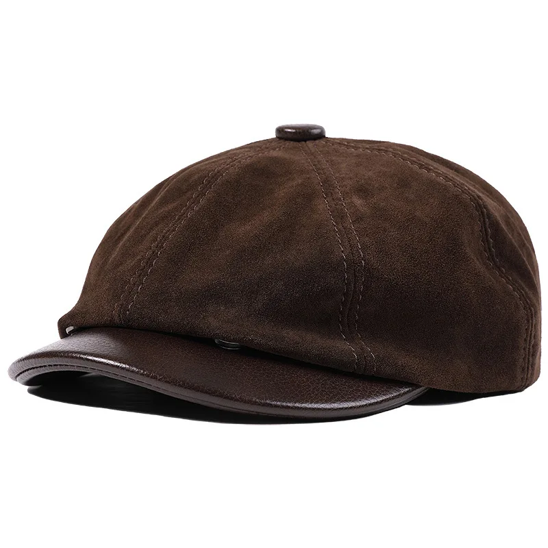 

Men's Genuine Cowhide Leather Octagonal Cap Vintage Newsboy Hat Driving Flat Winter Male Artist Cap