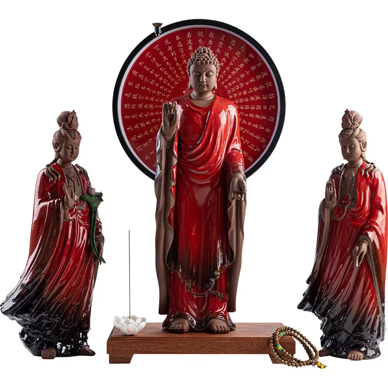 Western Three Holy Ceramic Buddha Ornaments New Chinese Home Decoration LED Light Ring Buddhist Ornaments view 5