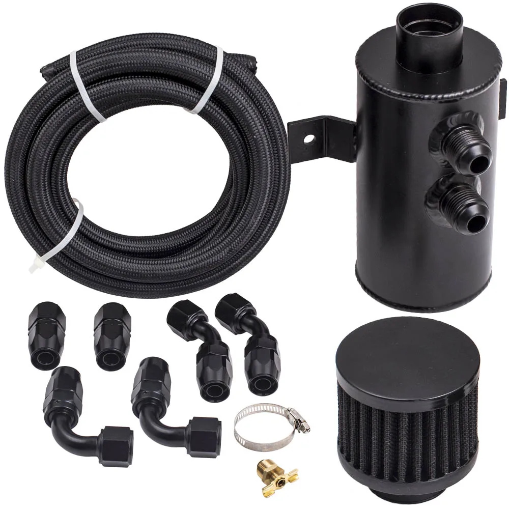 Black 750mL Aluminium Oil Catch Can with Filter 0.75L with Hose set AN10