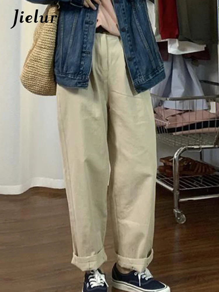 Jielur High Waist Solid Color Female Cargo Pants Light Khaki Loose Straight Casual Fashion Women's Pants Simple Office Ladies