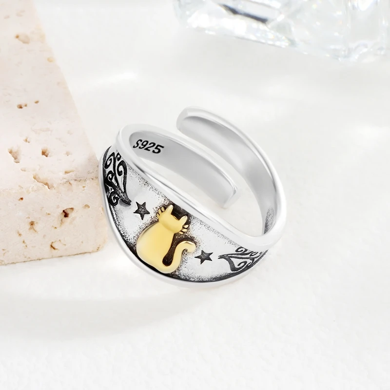 Thai Silver Gilded Cute Cat 925 Sterling Silver Resizable Opening Ring For Women Luxury Jewelry RI1255