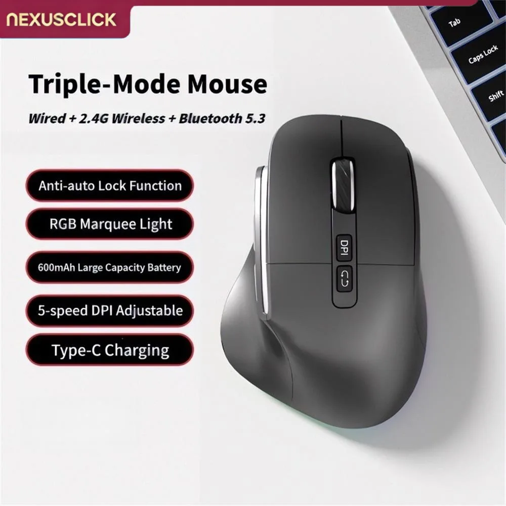 NexusClick New Vertical Wireless Mouse, Ergonomic Rechargeable Tri-Mode Mouse Adjustable DPI Gaming Office Mice Computer Mouse