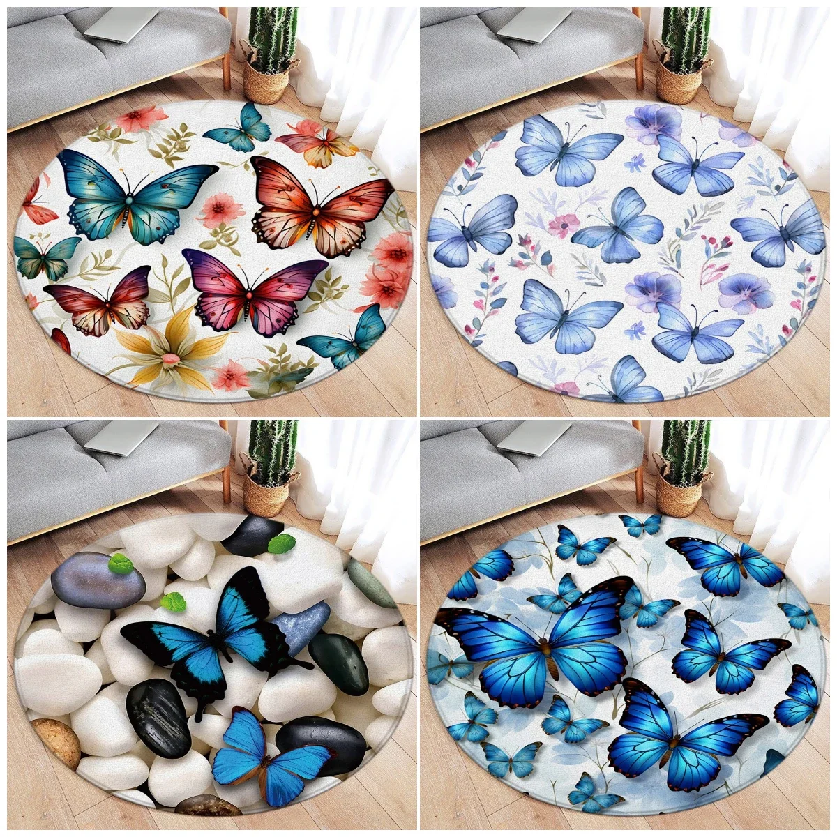 Floral Butterfly Round Carpet Watercolour Flowers Plant Blue Butterflies Pebble Modern Home Living Room Bedroom Decor Floor Rugs