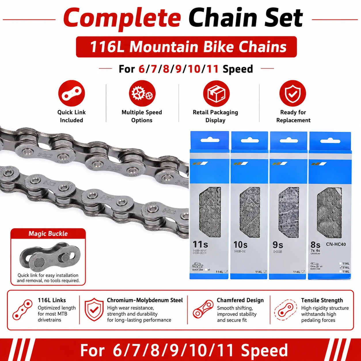 PINMOAP 1PC Bike Chain 6/7/8/9/10/11 Speed Universal Bicycle Chain Anti Rust Steel Links Fit MTB Road Bike Cycling Repair Parts