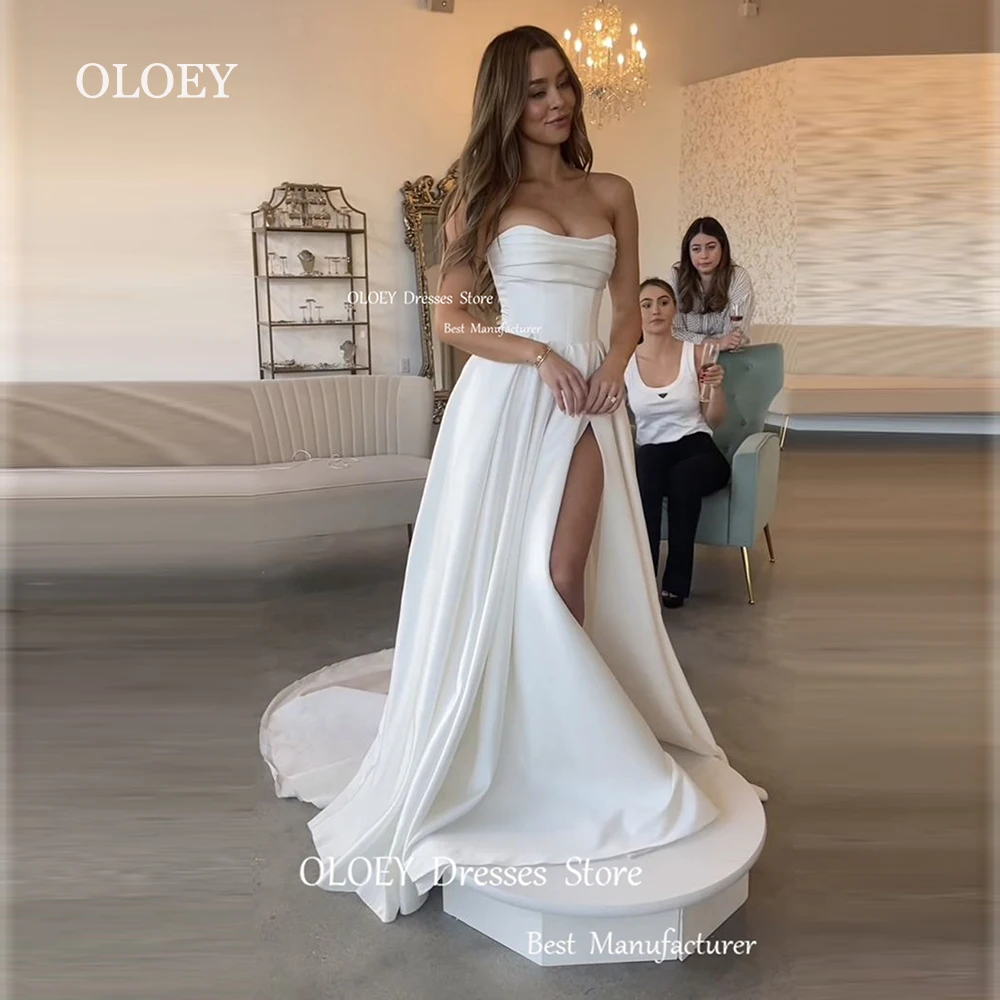 OLOEY Elegant Pleated Satin Wedding Dress A Line Sleeveless Bridal Gown High Slit Ivory Long Custom Made Robe De Marriage Custom