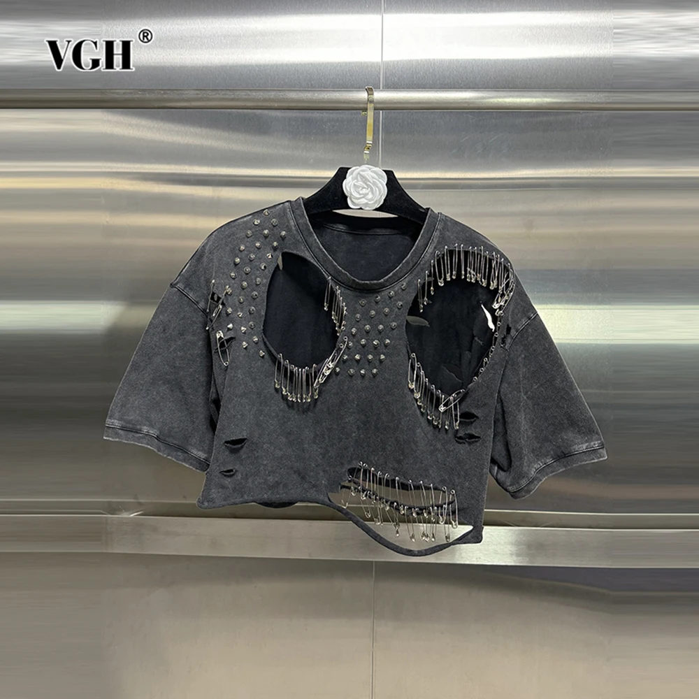 

VGH Hollow Out Patchwork Sequins Solid T Shirts For Women Round Neck Short Sleeve Minimalist Slimming T Shirt Female Fashion New