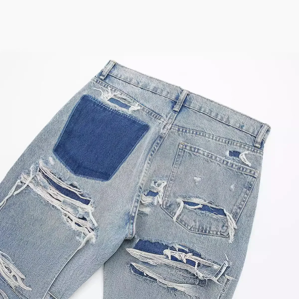 DAILOU Women's Fashion Jeans Solid Colour Loose Trousers Gradient Colour Casual Streetwear Pant Broken Holes Decorated Jeans