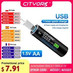 CITYORK 1.5V Li-ion AA Rechargeable Battery 3000mWh Type C USB Charging AA Lithium Battery AA 2A Cell For MP3 Player Thermometer
