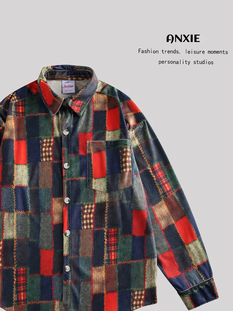 

ANXIE Plaid irt ex Long Sve Autumn Faion High Street Color Blo Cheered Top for Men And Women