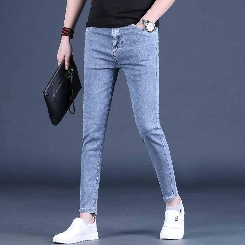 

Light Blue Men's Slim Fit Nine-ket Jeans Elastic Casual Pants Summer New Sle Breathable Comfortable Stretchy Jeans