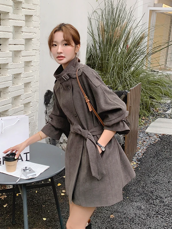 

Ele Korean Sle Women's Windbreaker Coat Slim Fit Stand Collar Long Sve Autumn New Arrival Faionable Midi Length