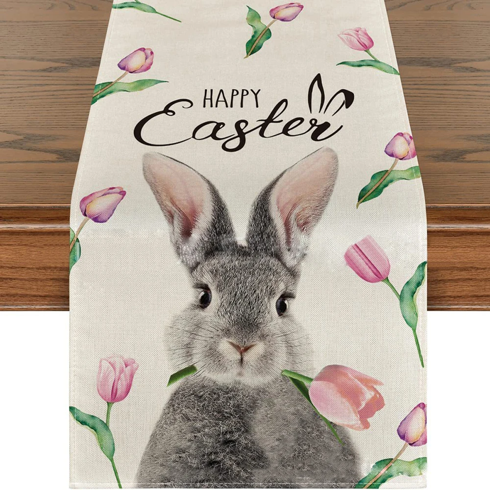 Tulip Floral Rabbit Easter Linen Table Runner Happy Easter Family Table Decor Spring Summer Seasonal Accessories Table Runners