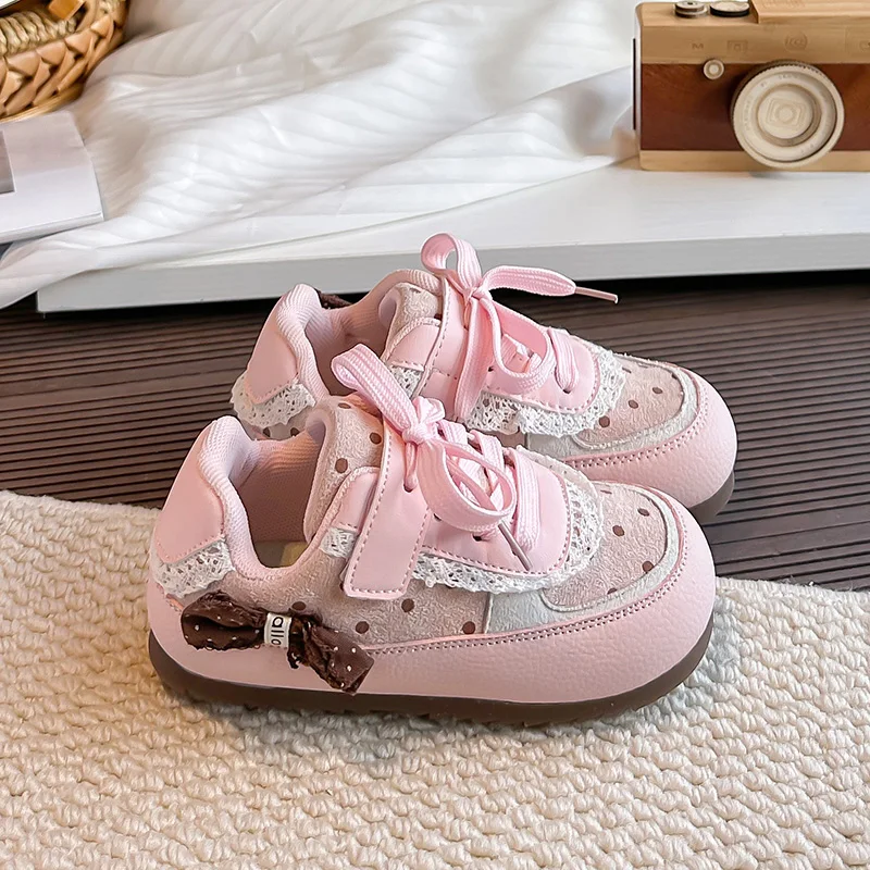 Girls Lace Polka Dot Bow Platform Sneakers, Toddler Style Casual Skate Shoes, Hook & Loop Soft Anti-slip Sole Walking Shoes