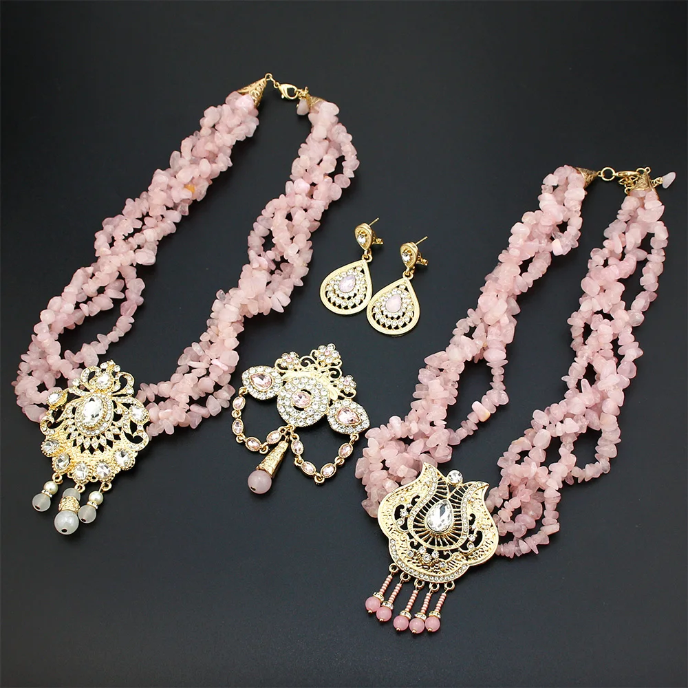 Sunspicems Pink Color Stone Choker Necklace Caftan Brooch Earring Morocco Bridal Wedding Jewelry Set Gold Plating Arab Bijoux
