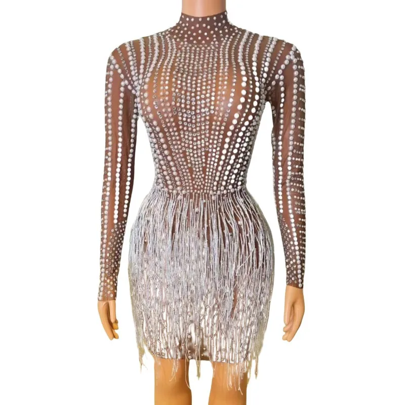 

Shiny Rhinestones Beading Fringe Mesh Bodycon Dress Women Evening Party Concert Transparent Tassel Outfit Singer Stage Costume