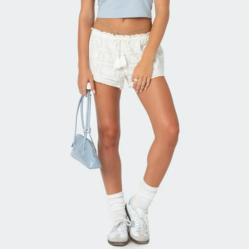 Damskie szorty patchworkowe z koronkowym wykończeniem w kwiaty, letnie, jednolite, w kwiaty i kratę, ze sznurkiem i frędzlami.