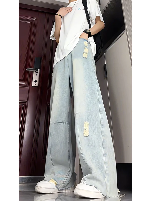 

Light Blue Ripped Loose Fit Straight Leg High Street Cleanfit Jeans Men's Summer Casual Wear Hip Hop Pants for Teenagers And ...