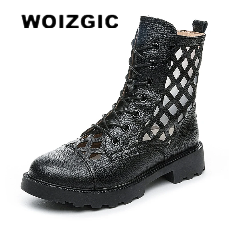 WOIZGIC damskie damskie buty do kostki ze skóry naturalnej buty platformy Hollow zasznurować lato oddychające duże rozmiary 35-42