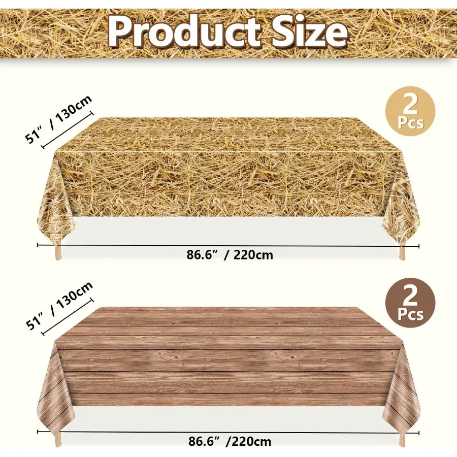 2Pcs Straw Tablecloths and 2Pcs Wood Grain Tablecloths Rectangular Straw Wood Grain Table Decorations for Farm Party Cowboy Wes