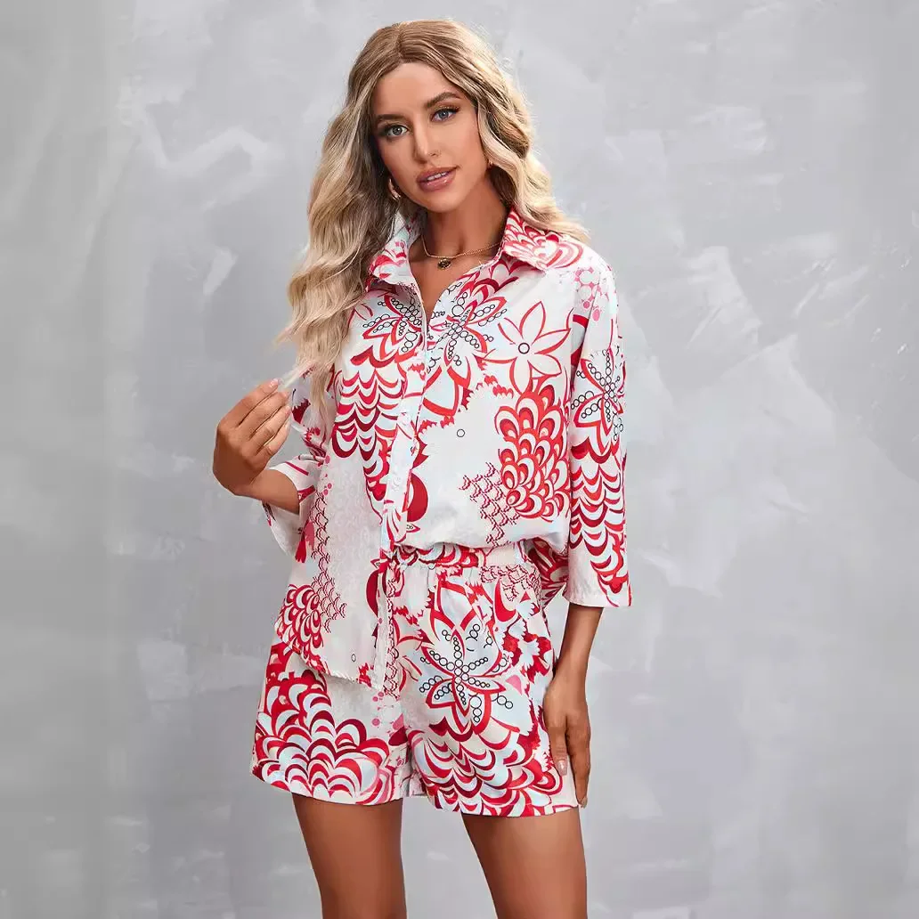 Sommer Turn Down Kragen Shirt 2ps Vintage Print Kurzarm Knopf Hemd und Shorts Set 2 Stück Sets Damen Outfits Frauen Set