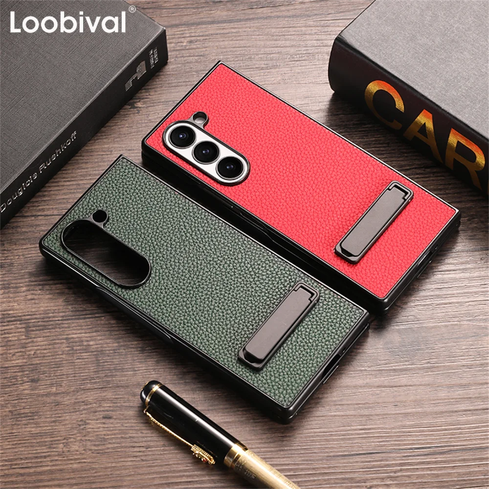 Z Fold6 Luxury Lychee Pattern Invisible Stand Phone Case for Samsung Galaxy Z Fold5 ZFold 3 4 5 6 Fold4 Leather Business Cover