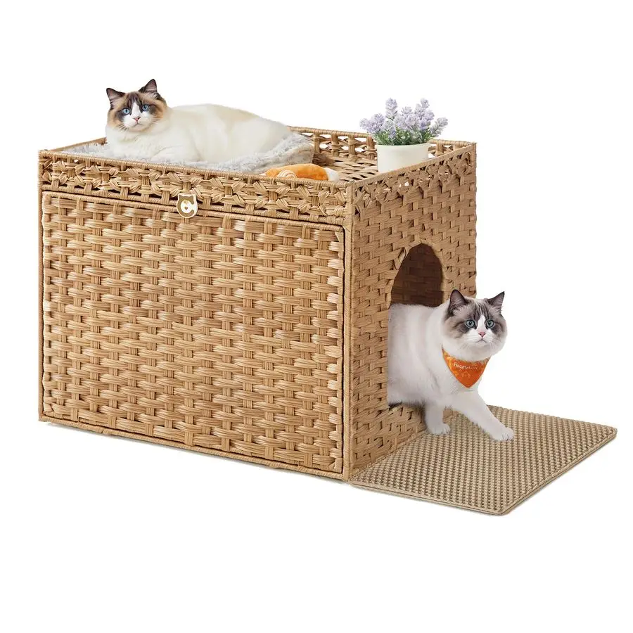 

Cat Litter Box Enclosure, Handwoven Rattan Hidden Litter Box Furniture with Extra Litter Mat, Removable Washable Tray, Boho Cat