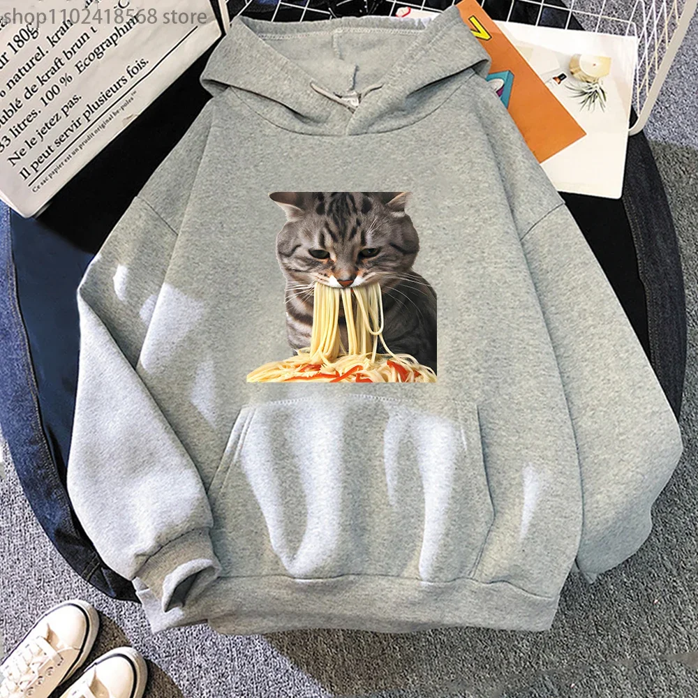 Cat Eating Spaghetti Hoodies Women Cute Graphic Sweatshirt  Y2k Clothes Harajuku Tops Kawaii Girls Streetwear Men Print Pullover