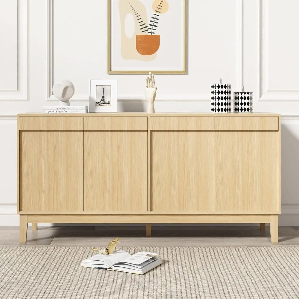 

Storage Cabinet with Adjustable Shelves and 4 Doors, Natural Wood Grain for Living Room and Kitchen