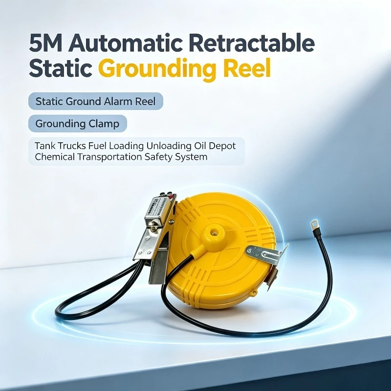 5M Automatic Retractable Static Grounding Reel, Static Ground Alarm Reel with Grounding Clamp for Tank Trucks, Fuel Loading
