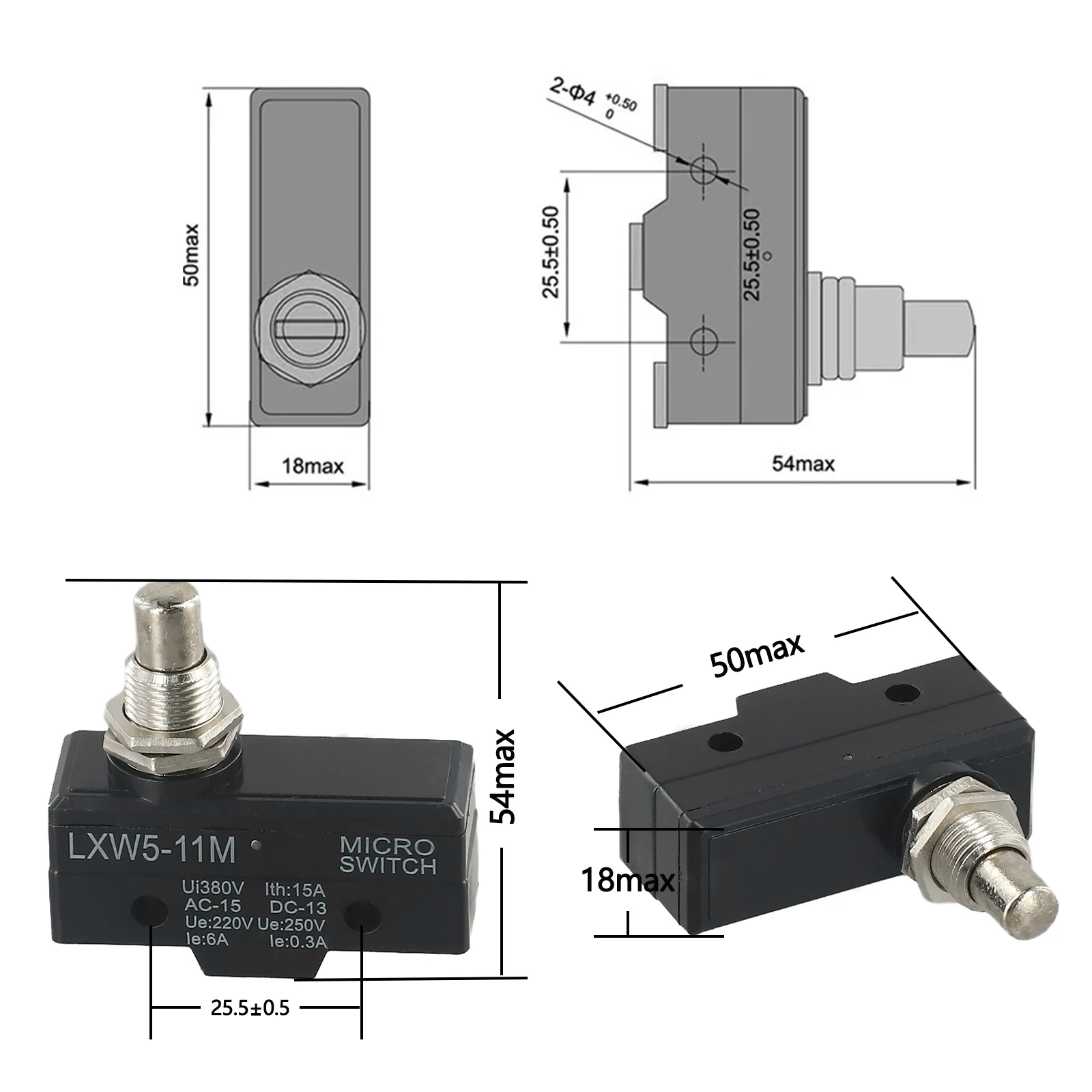 LXW5-11M Limit Switch 1 Pc 10A Push Plunger 1NO+1NC 3 Screw Terminals AC 380V DC 220V Conatact Congfiguration Metal