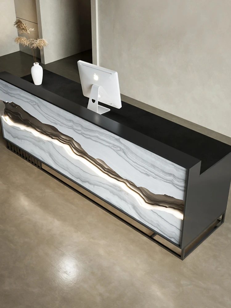 Reception Desk High-End Hotel with Lights Reception Desk Imitation Marble Shop Cashier