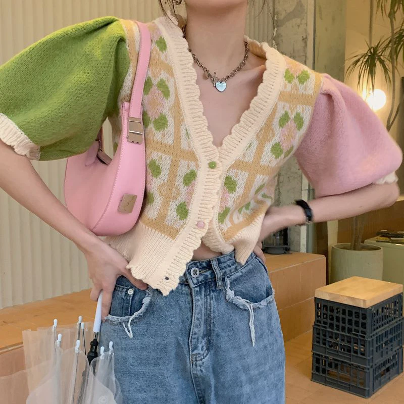 Mix Color Puff Short Sleeve T Shirt Women 2023 Spring Summer V-Neck Knitted Cardigans Woman Designer Loose Button Up Short Tops