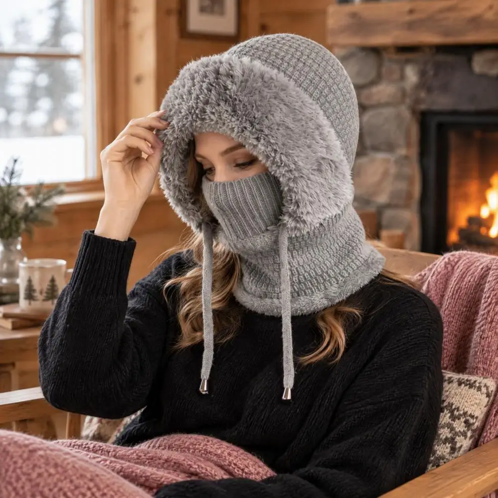 Fashionable Winter Accessory 3 1 Winter Hat Set Knitted Hooded Scarf Mask Combo Soft Velvet Lined Ear Warmer for Weather Outdoor