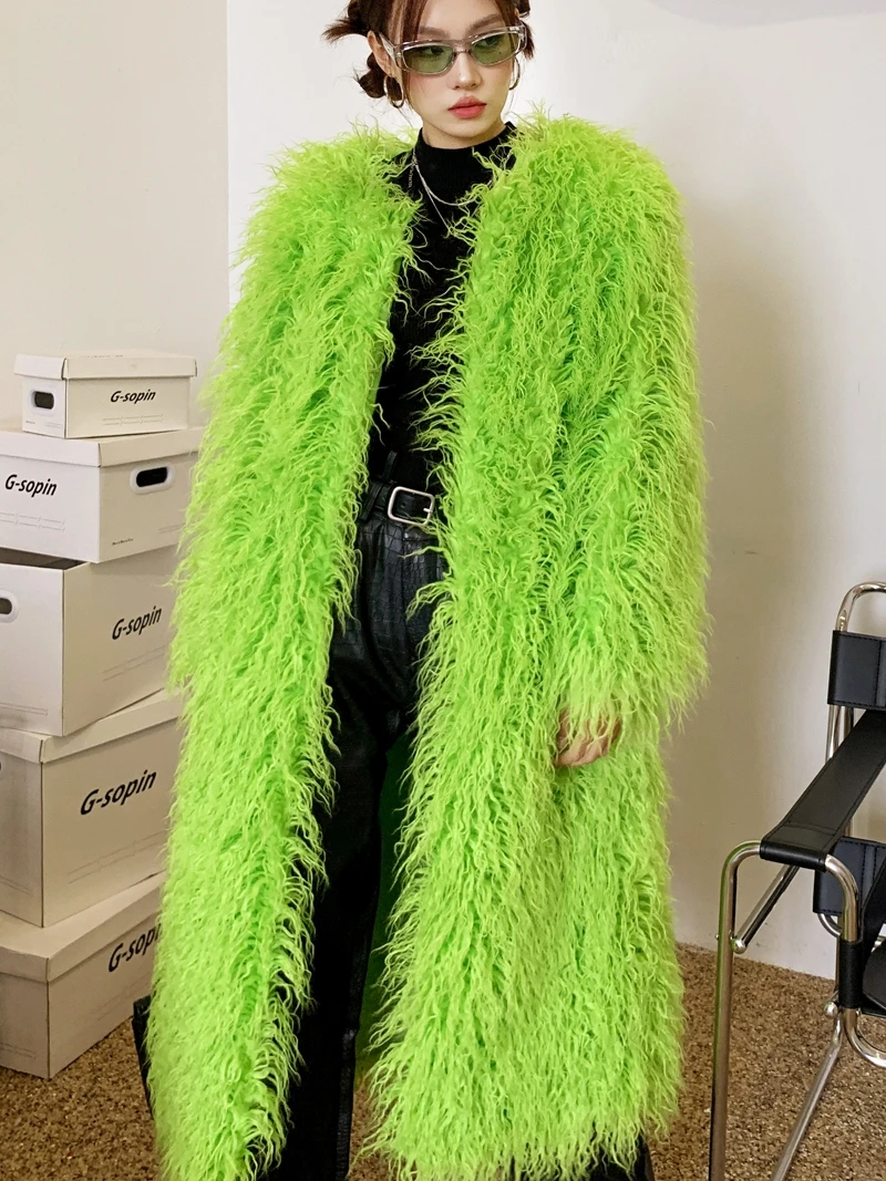 Autumn and Winter New Niche Fruit Green Fur Imitated Sheep Long Overknee