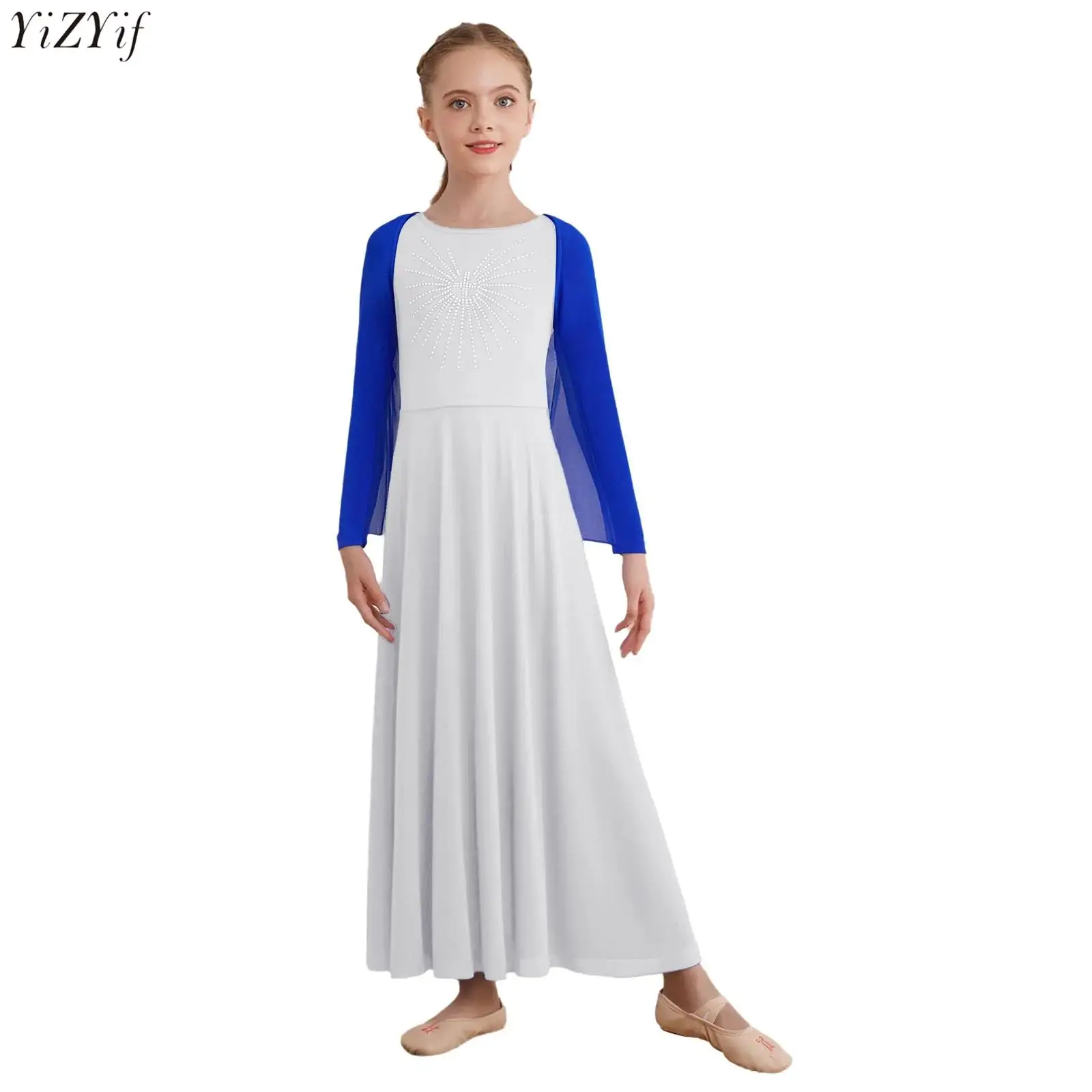 

Kids Girls Praise Worship Dance Dress Open Front Irregular Hem Drapey Angel Wing Shrug+Long Sleeve Shiny Rhinestones Maxi Dress