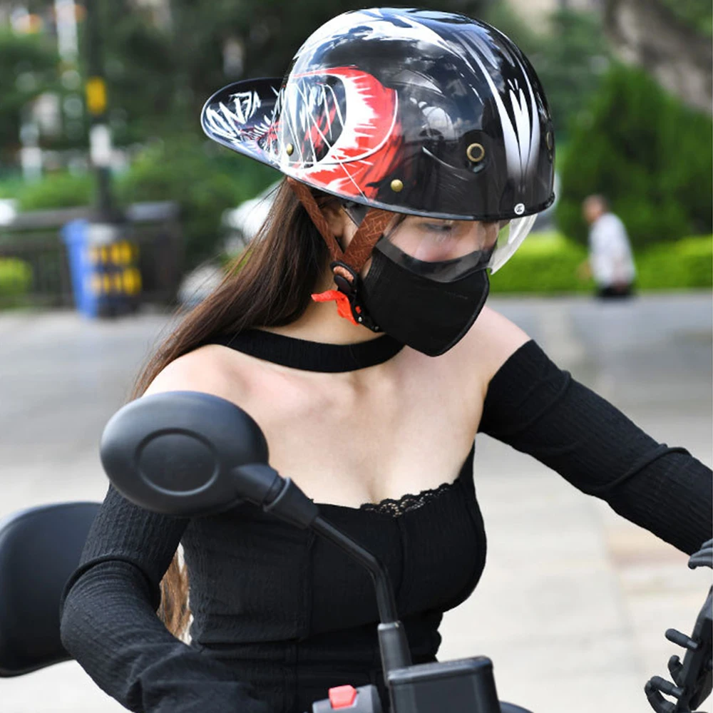 การรับรอง DOT หมวกกันน็อคครึ่งรถจักรยานยนต์หมวกกันน็อคมอเตอร์ไซค์กันลมผู้หญิง Retro Moto หมวกกันน็อคครึ่ง