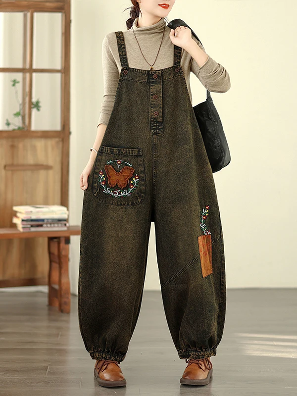 

Retro Heavy Embroidery Soft Denim Elastic Waist Casual Wide Leg Pants Spring Collection Women's Premium Jeans High Waist