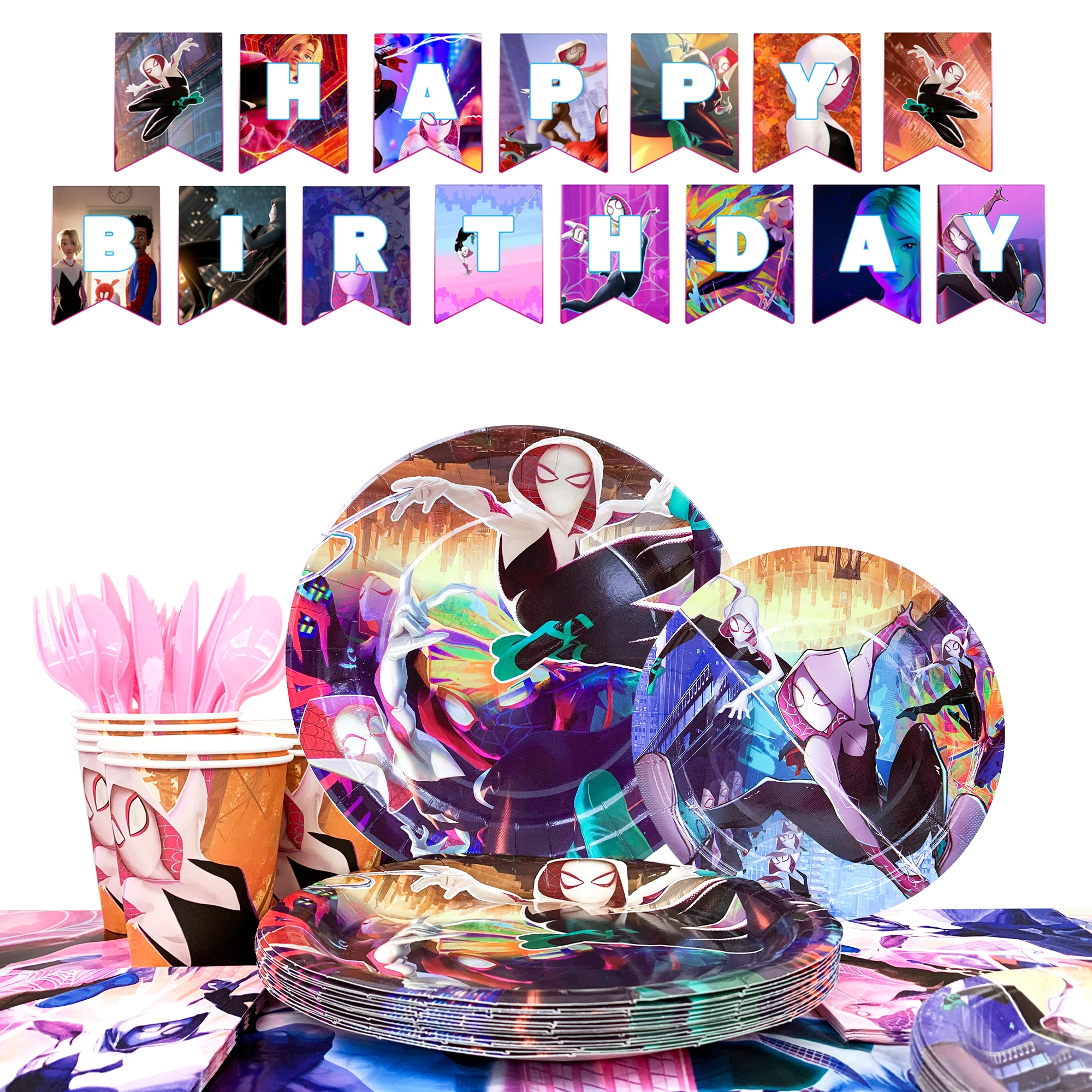 

Набор для дня рождения Спайдер-Гвен из 98 предметов: украшения, баннер, воздушные шары, стаканчики и многое другое.