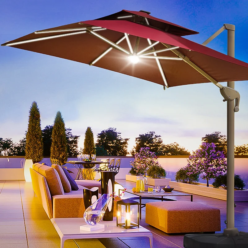 Outdoor Furniture 3m Parasol Cantilever Roman  Garden Aluminum Solar Light Emitting Diode Lamp Patio Umbrella