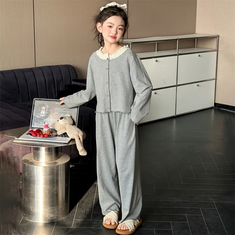 

Baby Girl PJ Top+Bottom Sleepwear Sets Kids Stripe Pajamas Suit Child Long Sleeves+Long Pants Set Princess Nightgowns Size 4-14Y